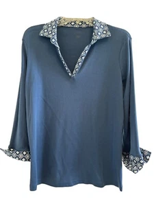 Damen-T-Shirt Blue Falls Creek Blumenmuster 3/4-Ärmel Bluse Größe Large EUC - Bild 1 von 4