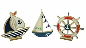 Maritime Decor Stands Blue Red Boat Sailing Steering Wheel Wood Holzdeko Summer - Picture 1 of 7