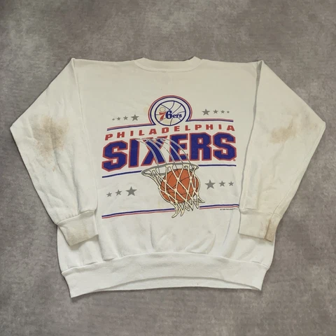Vintage 80s Philadelphia Sixers Sweatshirt Size L 76ers NBA Puff Print Net Cover
