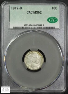 1912 D Barber Silver Dime 10C CACG MS 62 CAC - Picture 1 of 5