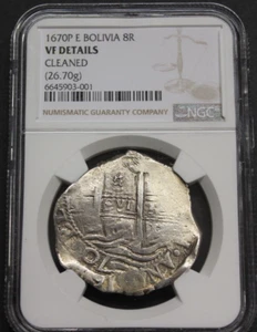 1670 POTOSI 8 REAL COB NGC VF CHARLES II BOLIVIA ASSAYER E SILVER COLONIAL ERA - Picture 1 of 4