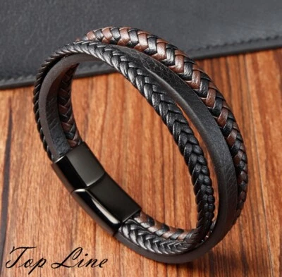 Brazalete pulsera brazalete de cuero trenzado negro y marrón 7-8" para hombre niño mujer Foto 1 de 4