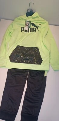 Puma Hoodie An Pants Long Sleeve Size L 14-16 Green/Black Neon Boys 2 Piece New - Image 1 of 4