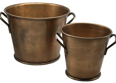 2 macetas de cobre Pottery Barn bonita pátina decoración de otoño 6"x73/4" y 5"x51/2" Foto 1 de 4