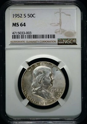 1952-S Franklin Half Silver UNC, NGC, MS64, Pass & Stow, Bell Lines, 033-003 - Image 1 of 4
