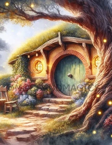 Hobbit Home Lord of the rings Spring Tree Fireflies Shire watercolor Art print - Picture 1 of 3