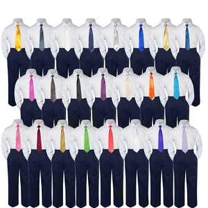 3pc Boys Teens White Shirt NAVY Pants Uniform Formal Pick a Color Tie 4T-20 - Picture 1 of 25
