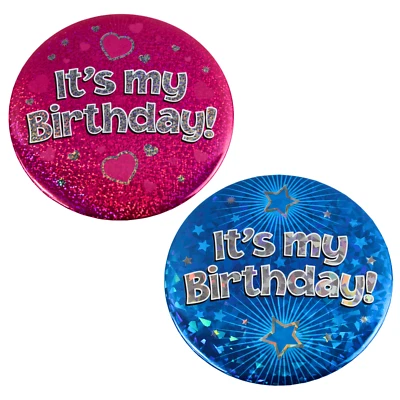 OAKTREEUK Insignia de Cumpleaños Holográfica Azul y Rosa - 6" Jumbo It's My Birthday Pin Foto 1 de 4