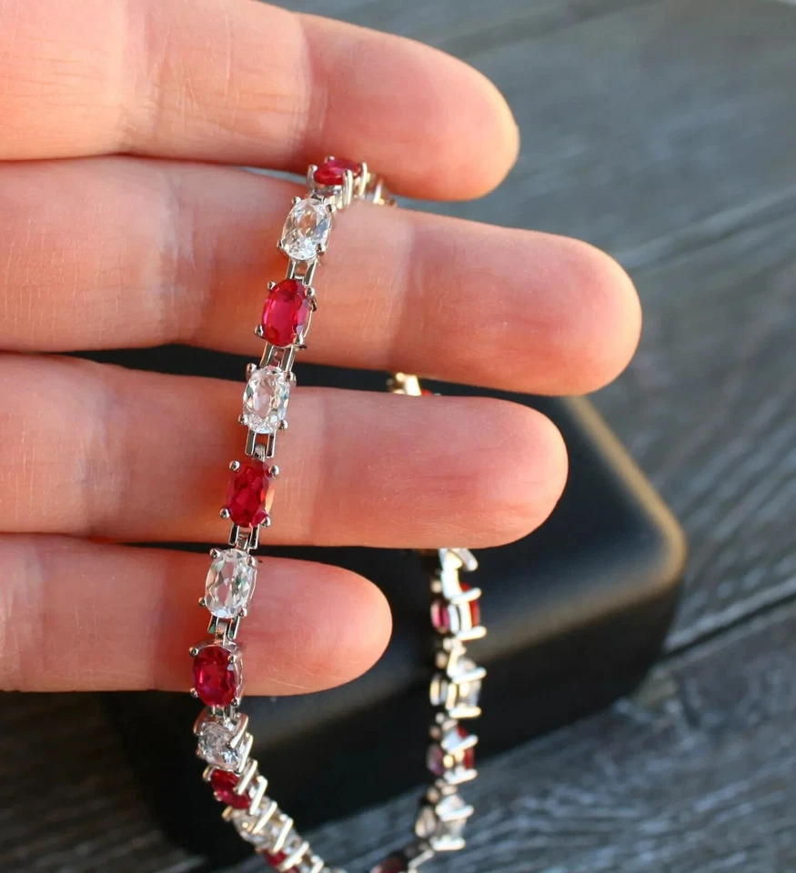 Red Lab Created Diamond Garnet Women's Tennis Bracelet 14K White Gold Plated 5CT - Image 1 of 1