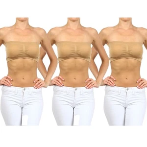 3 Beige Seamless Bandeau Bra Tube Crop Top Spandex Removable Pads Khaki One Size - Picture 1 of 1