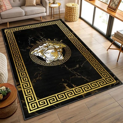 Greek Framed Versace Area Rug, Marble Look Background, Gold and Black Carpet - Image 1 of 4