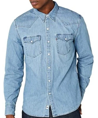 NEW WITHOUT TAGS LEVIS XXS BLUE DENIM BARSTOW RED CAST STONEWASH SLIM FIT SHIRT - image 1 of 4