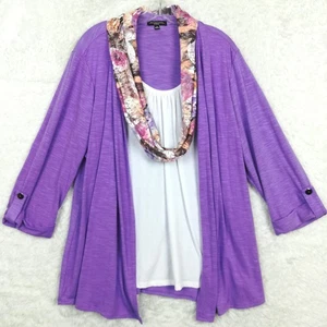 Notations Womens Cardigan Top Open Front White Inner Purple Floral Scarf Plus 1X - Picture 1 of 9