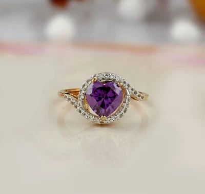 Art Deco Amethyst Lab Created Diamond Heart Shape 14k Yellow Gold FN WeddingRing - Image 1 of 4