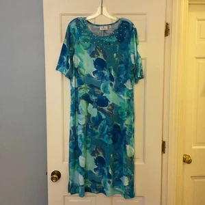 NEW Quacker Factory Studded Embellished Midi Dress Blue Floral Size M NWOT - Picture 1 of 8