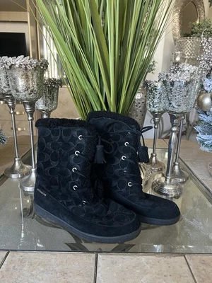 Coach Tuesday Women’s Boots Black Natural Suede Logo Tie Tassel Size 7.5 - Image 1 of 4