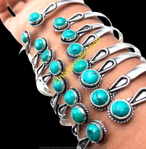 925 Steling Silver Plated Turquoise Gemstone Cuff Bangles Lot Wholesale Jewelry - Image 1 of 3