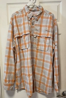 LL Bean Outdoor Shirt Mens XL Orange Grey Plaid Vented Utility Pocket Gorpcore - Image 1 of 4