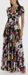 Maxi Vestido Formal Mac Duggal Negro Floral Manga Corta Talla 10 Nuevo con Etiquetas - Imagen 1 de 7