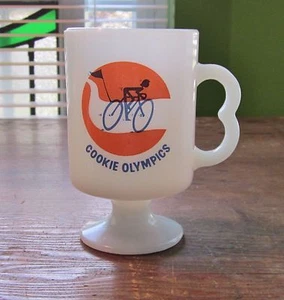 Vintage Girl Scout Coffee Mug Cookie Olympics Milk Glass 1980 Has Crack Bicycle - Picture 1 of 11
