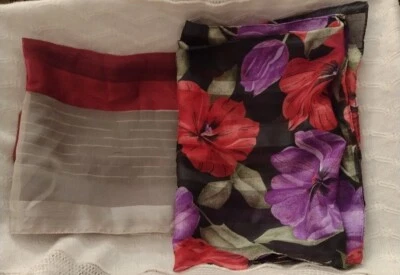 Vintage Chiffon Scarves: Black/White/Red 15"x60"~Floral Red/Black/Purple 10"x56" - Image 1 of 4