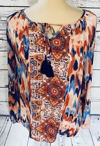 Blusa pequeña Faded Glory para mujer manga larga borlas con corbata suave multicolor - Imagen 1 de 10