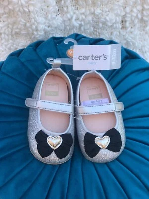 Carters Baby Girl Shoes Silver With Bow Size 9-12 Months  - Image 1 of 2