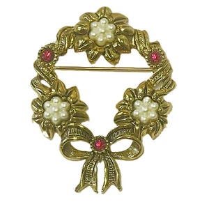 Broche Avon Prendedor Corona Lazo Tono Dorado Rojo Estrás Flor Blanca Floral De Colección - Imagen 1 de 15