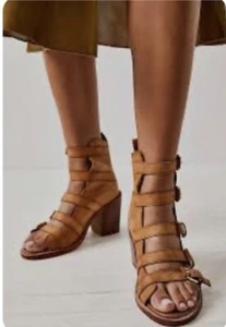 Free People Buckle Up Baby Block Heels Strappy Tan Open Boot EU 39 - Picture 1 of 9