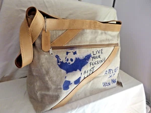 BREE Große Tasche Shopper Canvas Leinen rustikal und Leder Schultergurt Henkel, Tag Print - Bild 1 von 13