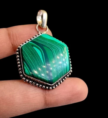Compre lindas joias pingente hexágono folheado a prata esterlina 925 com pedra preciosa malaquita - Imagem 1 de 4