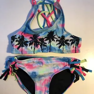 Justice Girls Swimsuit Bikini Size 10/ Multi Color, Palm Trees - Picture 1 of 8