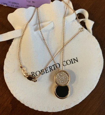 Nuevo juego de bisel Roberto Coin oro rosa 18k diamante/piedra negra. Collar Foto 1 de 4