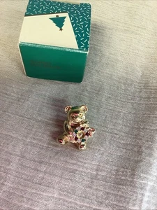 Vintage Avon Gold Tone Teddy Bear Pin Lapel Christmas Rhinestones Red Green - Picture 1 of 4