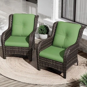 Ergonomic Arm 2-Piece Patio Wicker Outdoor Lounge Chair with Thick Green - Picture 1 of 9