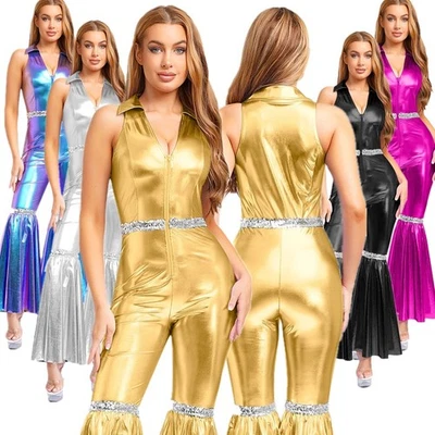 Damen Pullover Glänzend Körperanzug 80er Jahre Tanzkleidung Rave Romper Retro - Bild 1 von 4