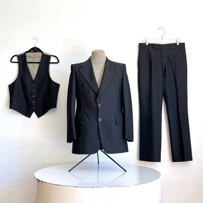 Vintage 70s Men's Zachary All Black 3 Piece Suit Jacket Vest Pants 42R x 34W - Image 1 of 4