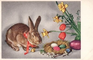 Easter Bunny Watching over Easter Eggs in Nest Vintage Easter Postcard - Picture 1 of 2