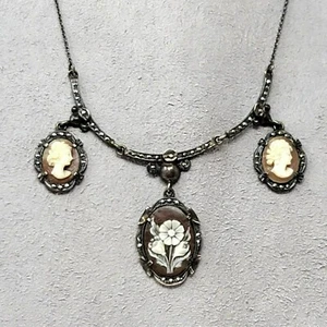 Antique Silver Drop Shell Cameos & Marcasite Necklace Profiles and Flowers - Picture 1 of 10