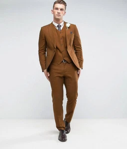 Traje Para Hombre Marrón Muesca Solapa Ocio Fiesta Baile de graduación Novio Esmoquin Boda 3 Piezas - Imagen 1 de 10
