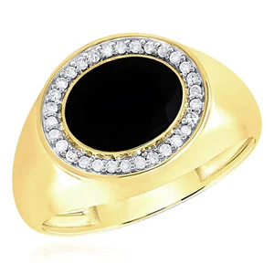 0.15CTW Natural Diamond 10K Yellow Gold Oval Black Onyx Signet Ring - Picture 1 of 2