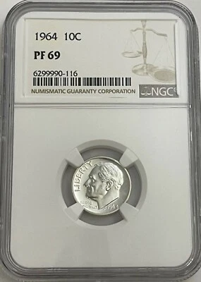 1964 Dime NGC PF69 90% Proof Silver Franklin D Roosevelt 10c White Label - Image 1 of 3