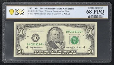 FR 2125-D* 1993 $50 *STAR* FRN CLEVELAND, OH PCGS BANKNOTE GEM UNC-68PPQ (F) - Image 1 of 2