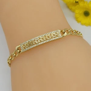 Beautiful 14K Gold Plated Link Mesh ID CZ Plate Bracelet Curb chain - Picture 1 of 4