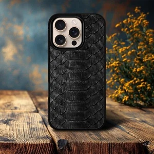 Premium Exotic Python Black Leather Case for iPhone 16 Pro Max SkinBacker - Picture 1 of 5