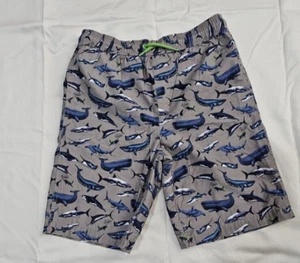 Lands End Kids Swim Trunks L 14-16 Gray Blue Shark Print Drawstring Pocket - Picture 1 of 5