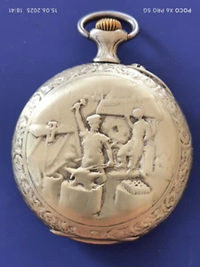 Pocket watcha with a picture of a blacksmit silver-plated 51,5mm working. - Picture 1 of 6