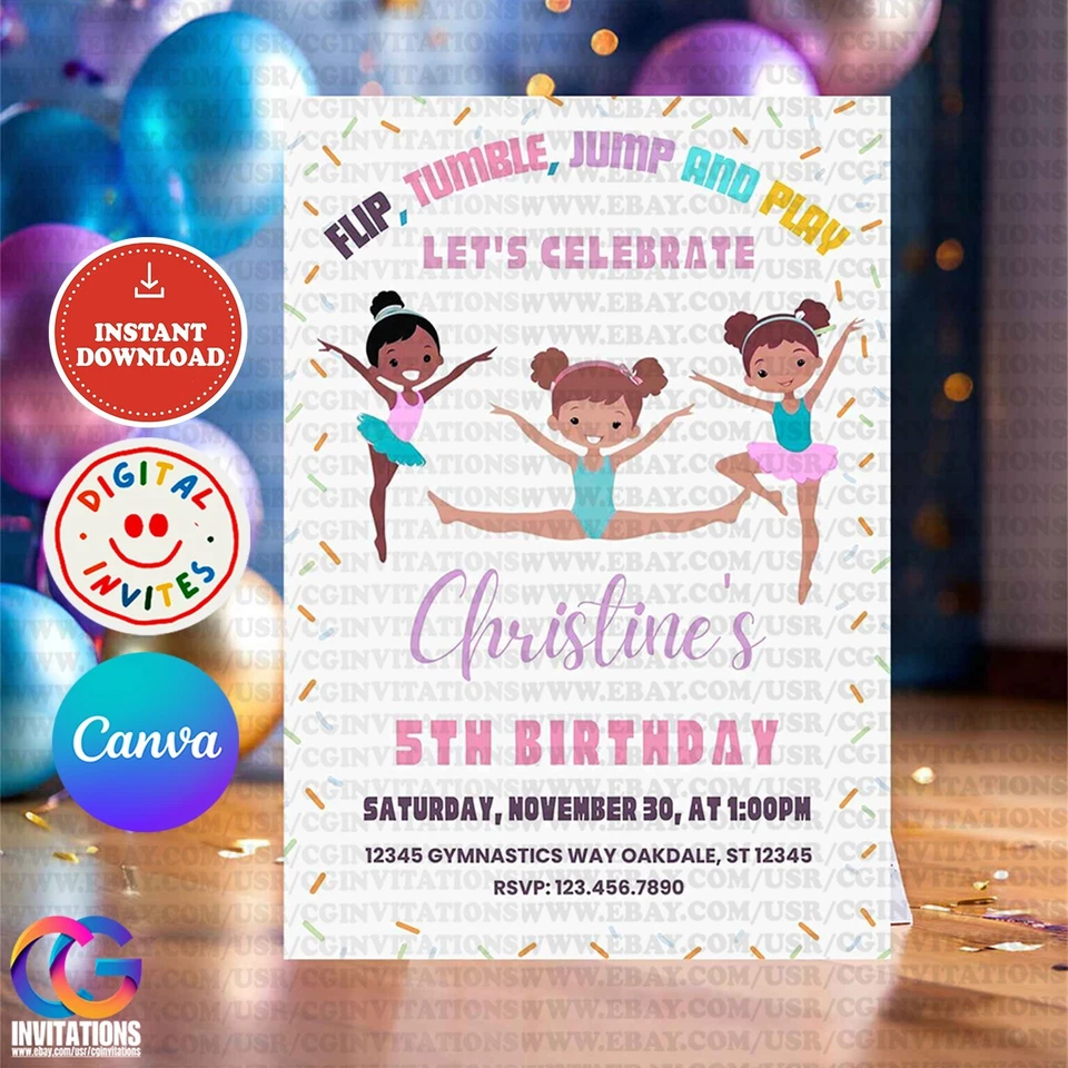 Invitación de cumpleaños de gimnasia editable para niñas, es hora de jugar fiesta de gimnasia Foto 1 de 4