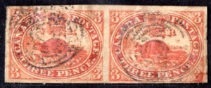 CANADA 1853 THREE PENNY BEAUEA Sc. #4 IMPERF PAIR NEAT MARGINS & LIGHT CANCELS - Picture 1 of 2