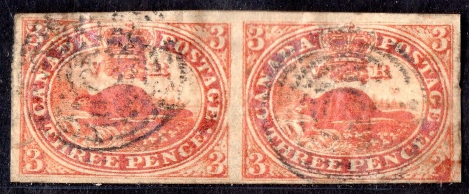 CANADA 1853 THREE PENNY BEAUEA Sc. #4 IMPERF PAIR NEAT MARGINS & LIGHT CANCELS - Image 1 of 2
